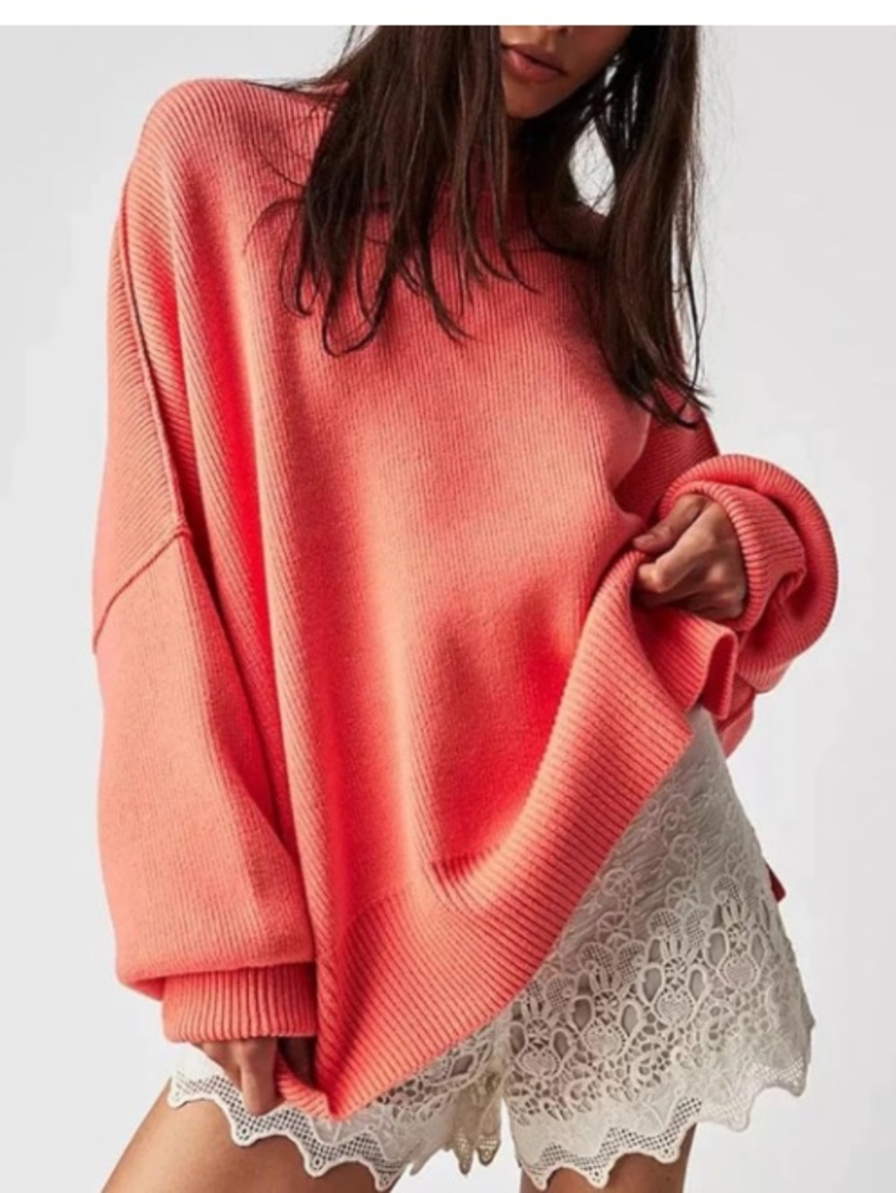boutique bright coral ribbed oversized pullover crewneck sweater